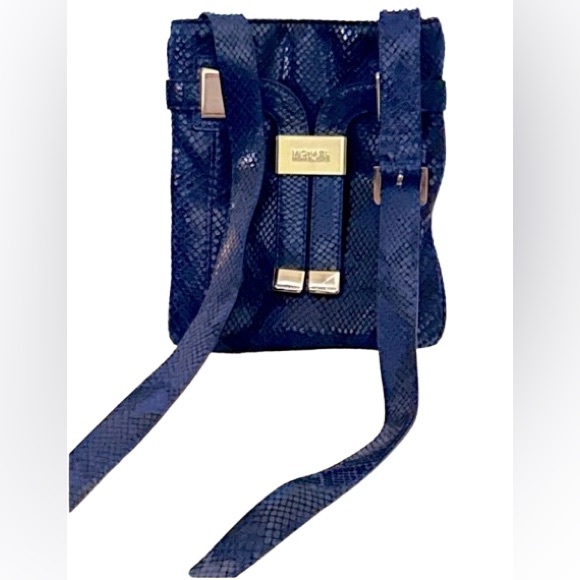 Michael Kors Navy Blue Animal Snake Purse Crossbody Bag Blue Gold Leather - Picture 1 of 11